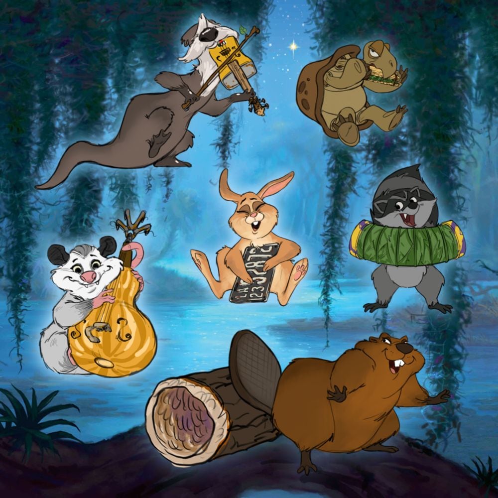 An illustrated beaver, rabbit, opossum, racoon, turtle and otter from Tiana's Bayou Adventure playing instruments in a forest at dusk