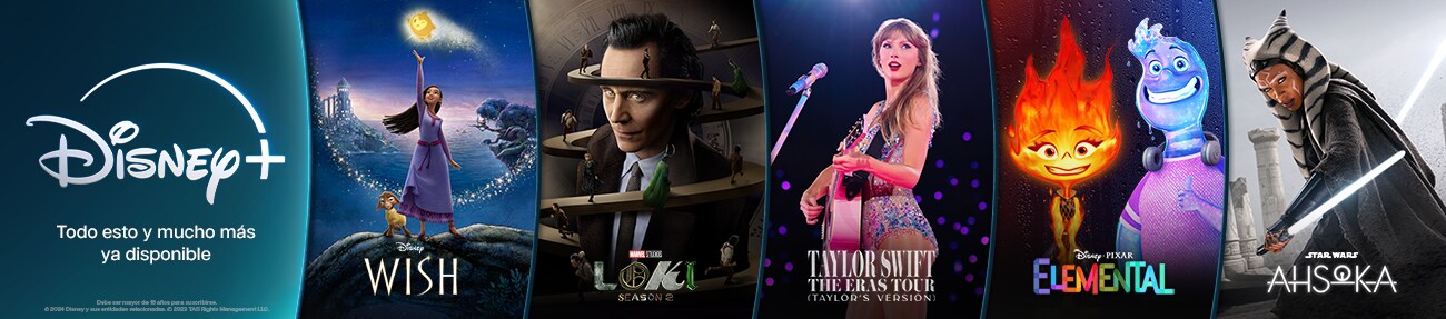 Un banner que destaca los nuevos lanzamientos en Disney Plus, incluidos Wish, Loki Season 2, Taylor Swift The Eras Tour, Elemental y Ahsoka