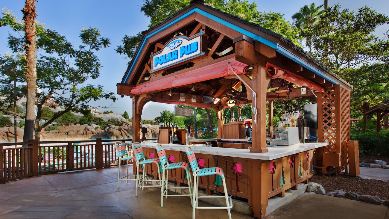 The Polar Pub featuring outdoor bar seating at Disney's Blizzard Beach water park