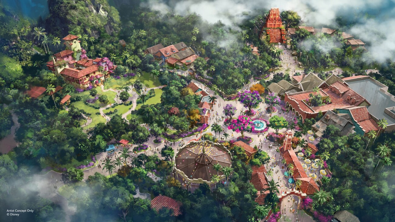Artist rendering of Tropical Americas at Disney's Animal Kingdom featuring lush landscapes, village buildings, a central plaza and a temple