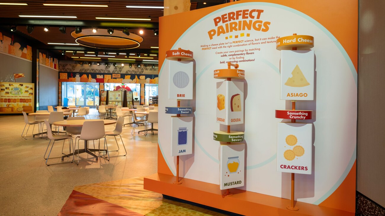 An educational display about cheese pairings in CommuniCore Hall during Epcot International Food & Wine Festival