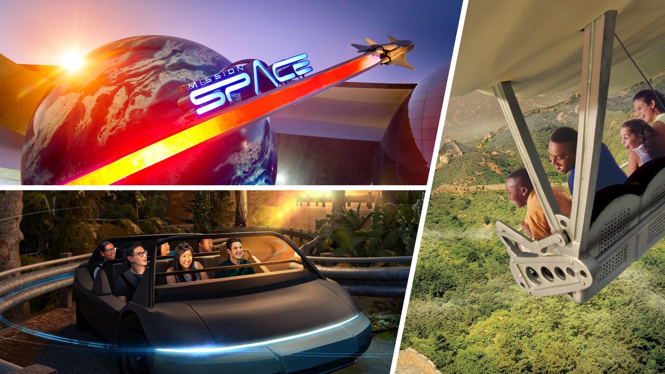 A composite image of the entrance to Mission Space and Guests riding Soarin’ Around the World and Test Track