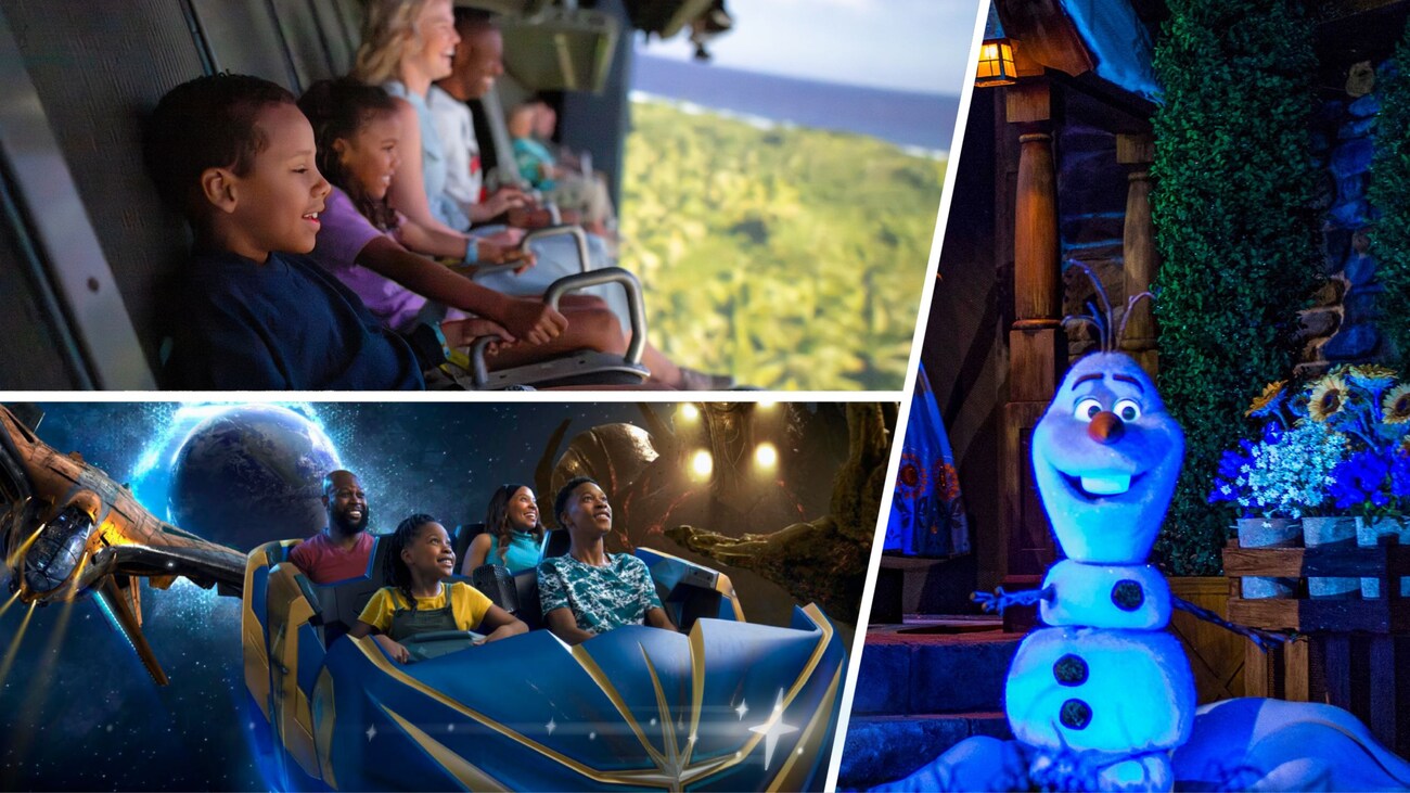 A composite image of Olaf and Guests riding Guardians of the Galaxy, Cosmic Rewind and Soarin’ Around the World