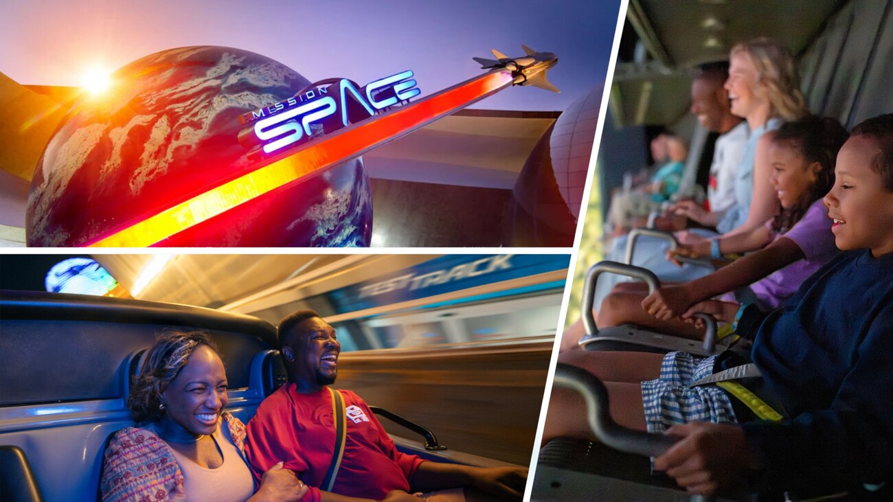 A composite image of the entrance to Mission Space and Guests riding Soarin’ Around the World and Test Track