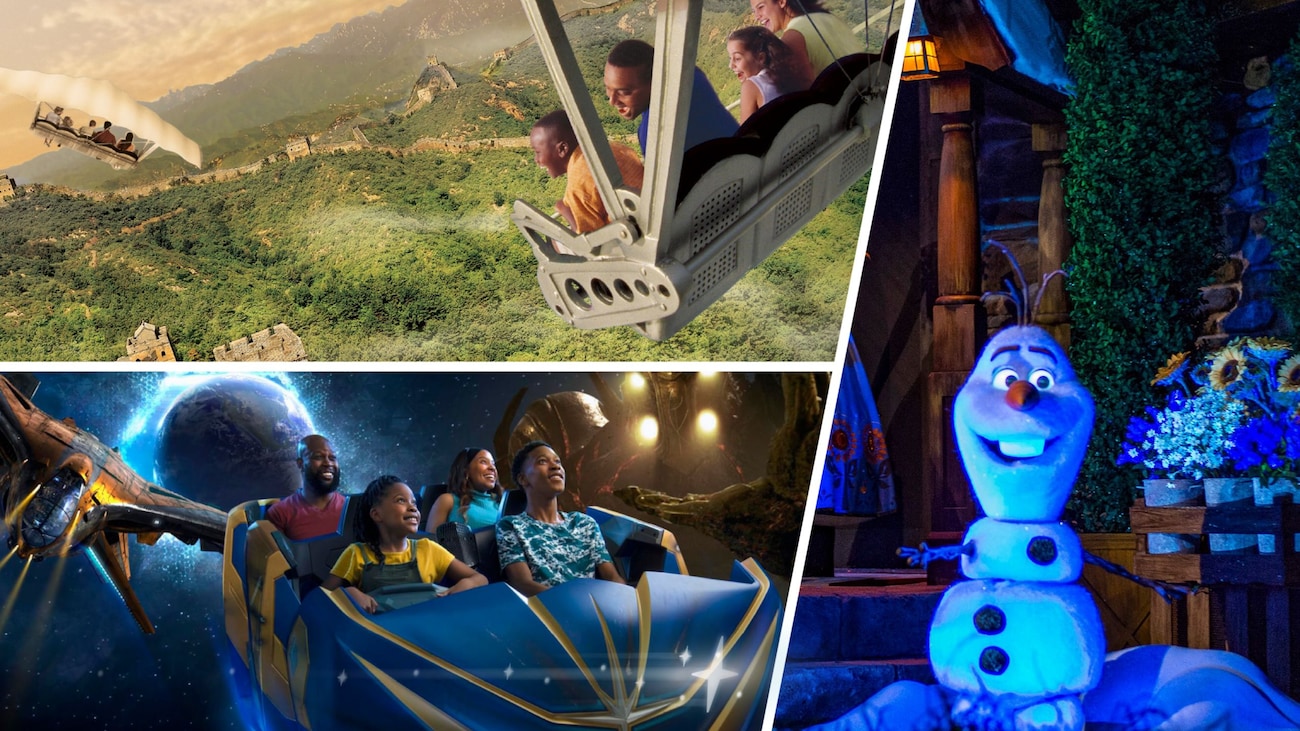 A composite image of Olaf and Guests riding Guardians of the Galaxy, Cosmic Rewind and Soarin’ Around the World