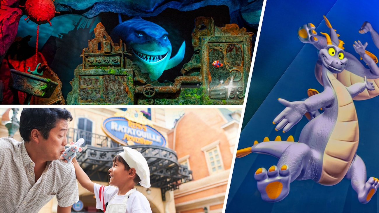A composite image of Figment, The Seas with Nemo & Friends and a father and son in front of Remy’s Ratatouille Adventure
