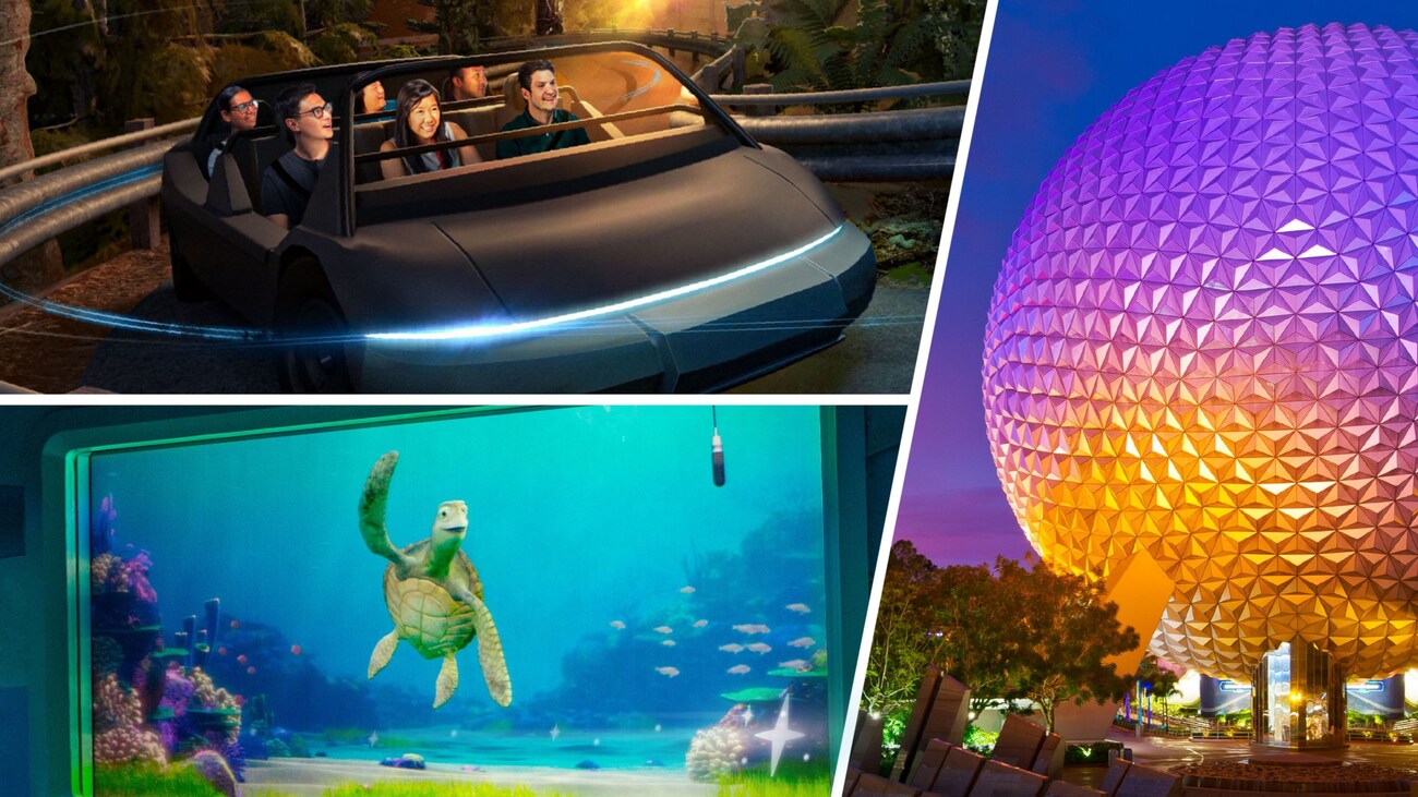 A composite image of Spaceship Earth, Turtle Talk with Crush and Guests riding Test Track