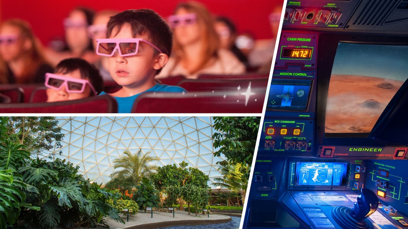 A composite image of Mission Space, Living with the Land and Guests wearing 3D glasses