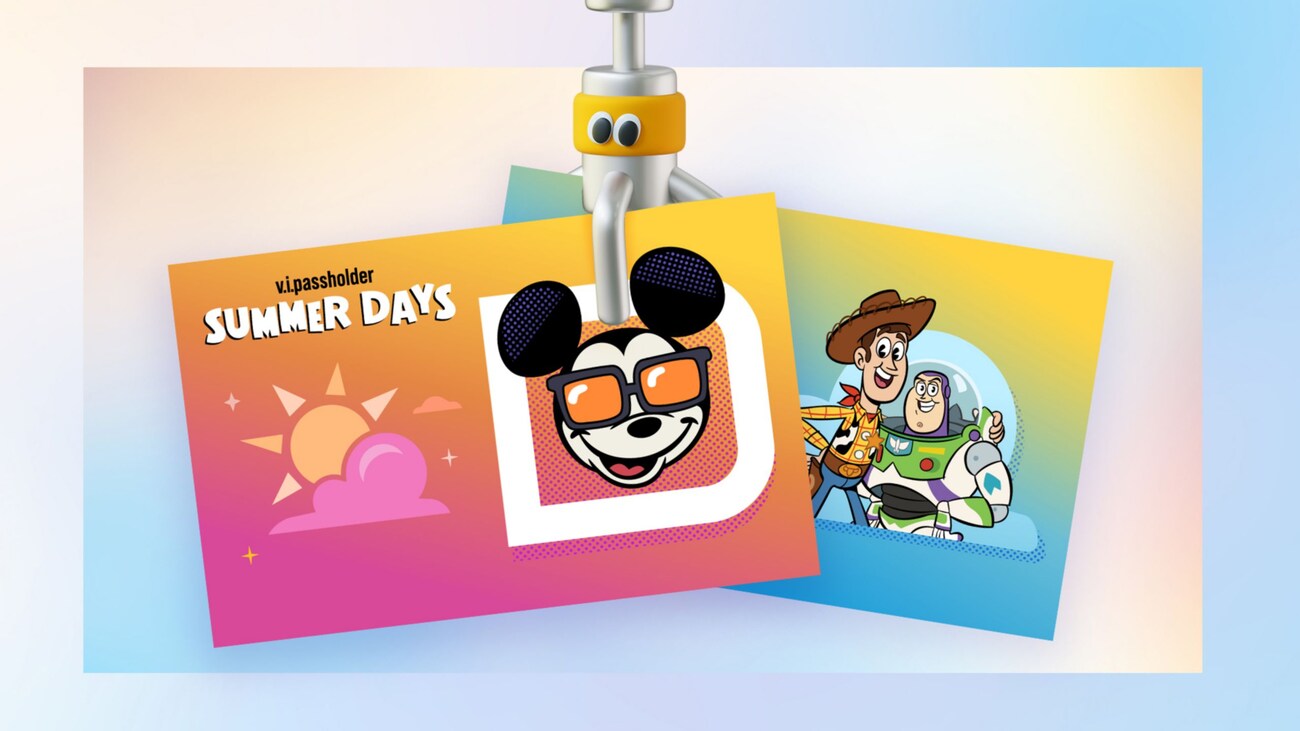 A MagicMobile Pass with The V I Passholder Summer Days logo featuring Mickey Mouse wearing sunglasses and another with Woody and Buzz Lightyear
