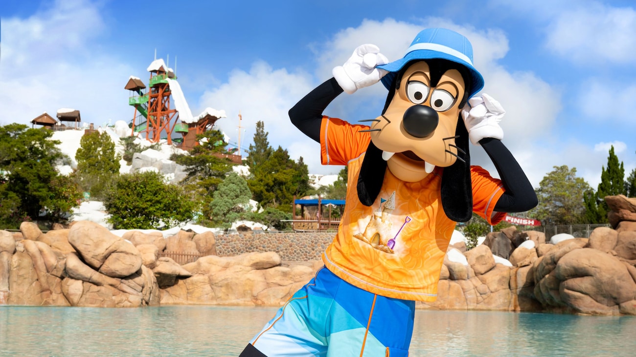 Goofy posing while wearing a swimsuit at Disney's Blizzard Beach water park