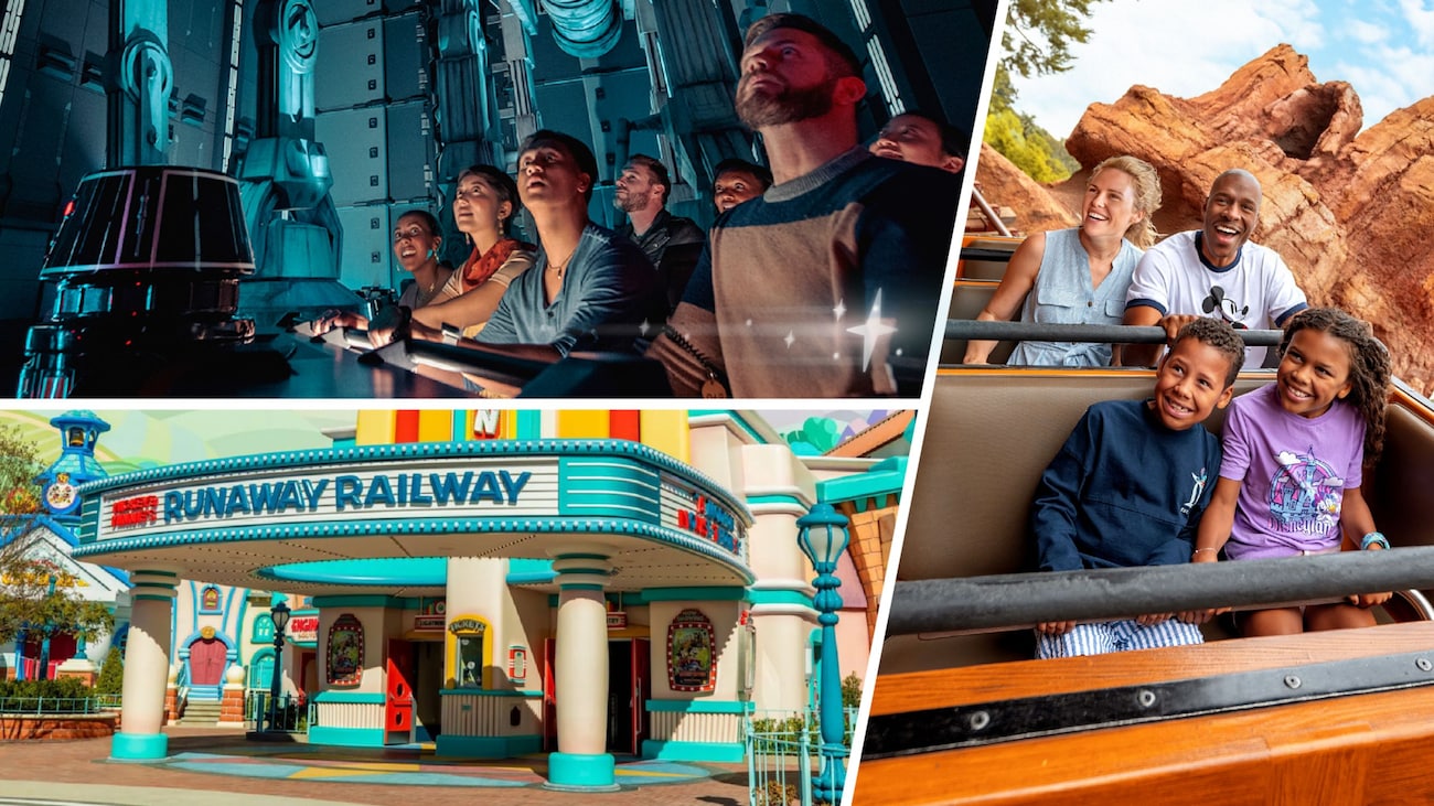 A composite image of the entrance of Mickey & Minnie’s Runaway Railway and Guests riding Big Thunder Mountain Railroad and Star Wars, Rise of the Resistance