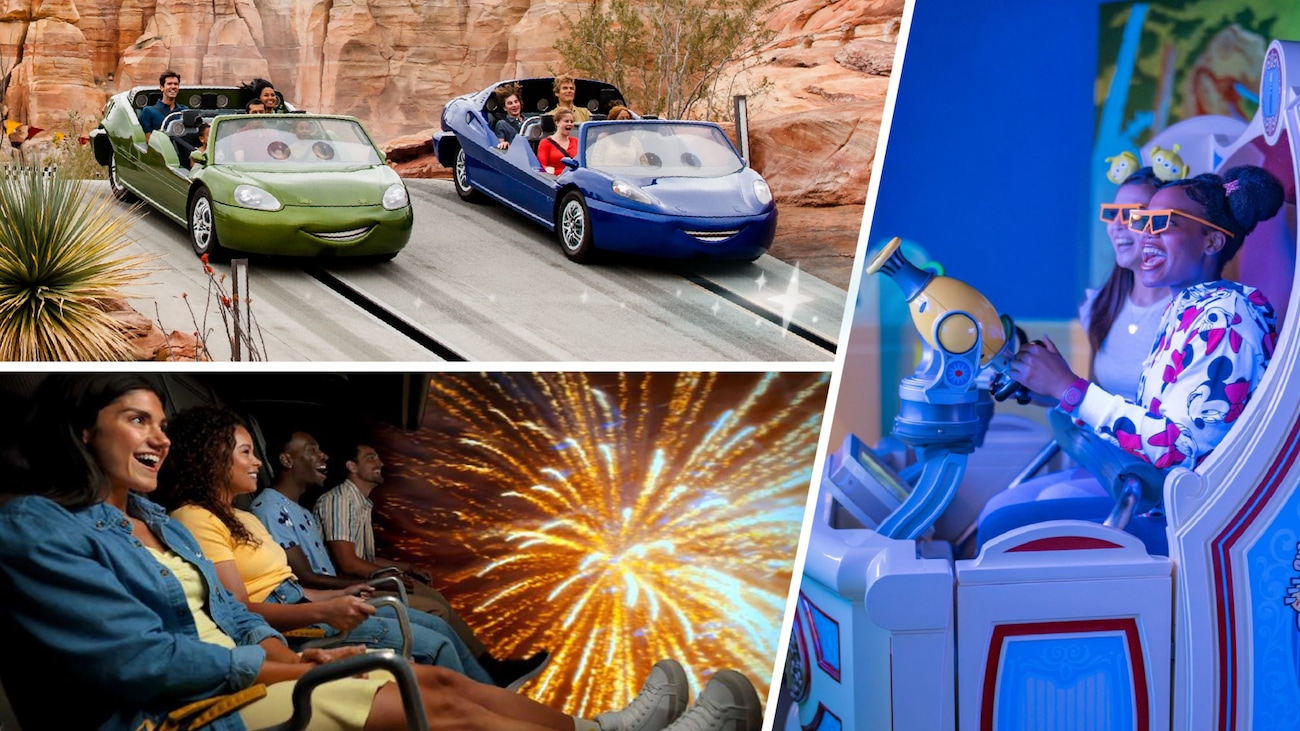 A composite image of Guests riding Radiator Springs Racers, Toy Story Midway Mania and Soarin’ Around the World