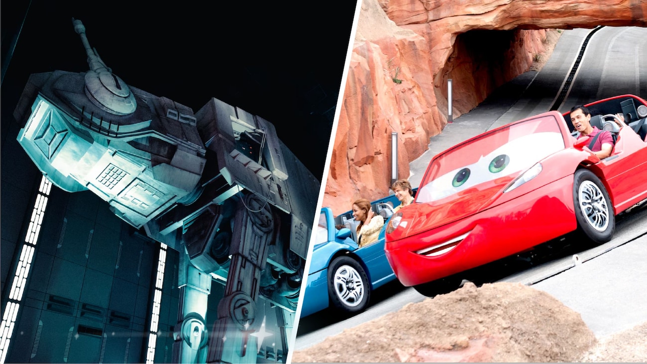 A composite image of Guests riding Radiator Springs Racers and an Imperial walker in Star Wars, Rise of the Resistance
