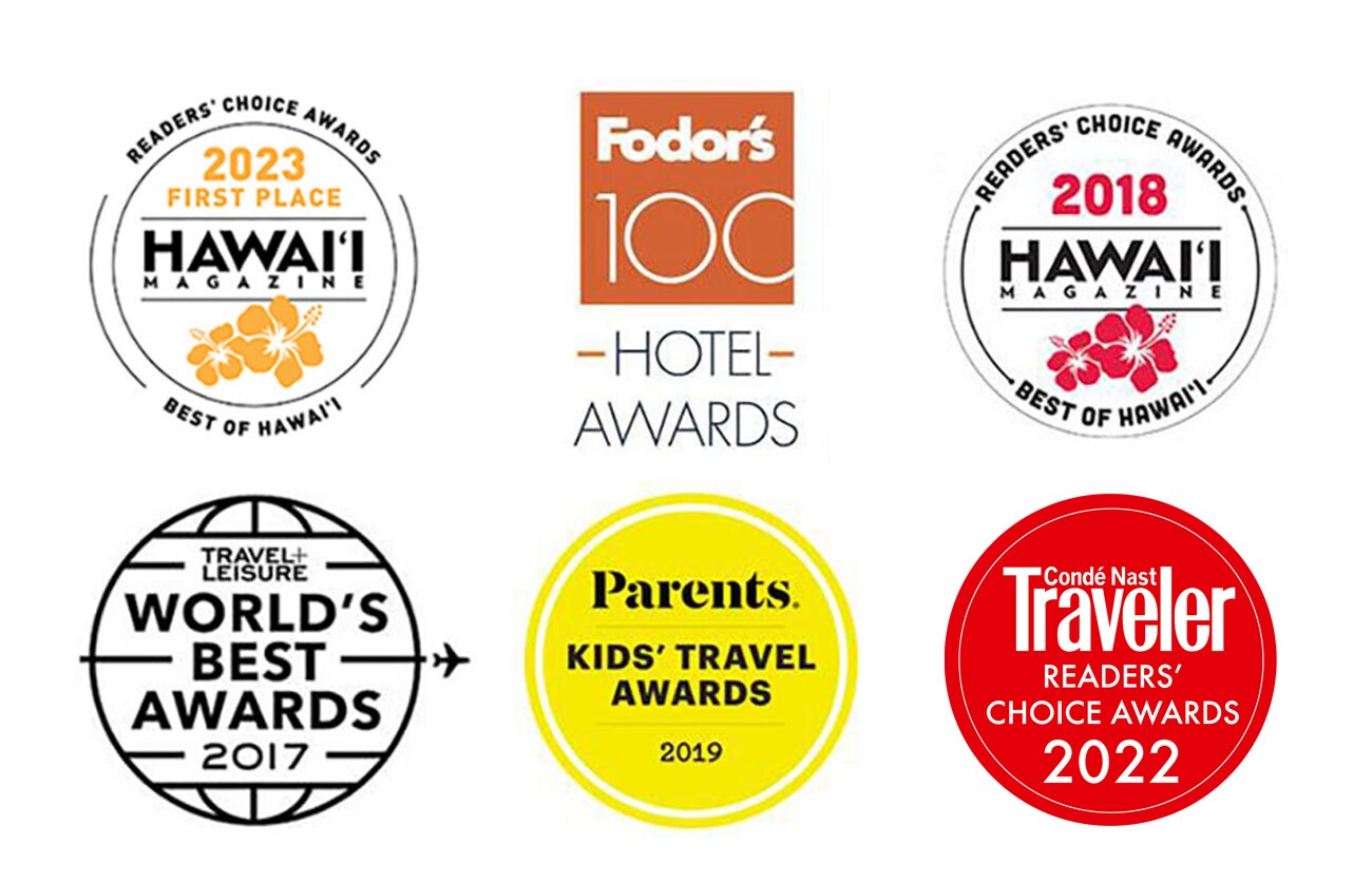 Logos of entities from which Aulani Resort has received awards, including Hawaii Magazine, Fodor’s, Parents and more