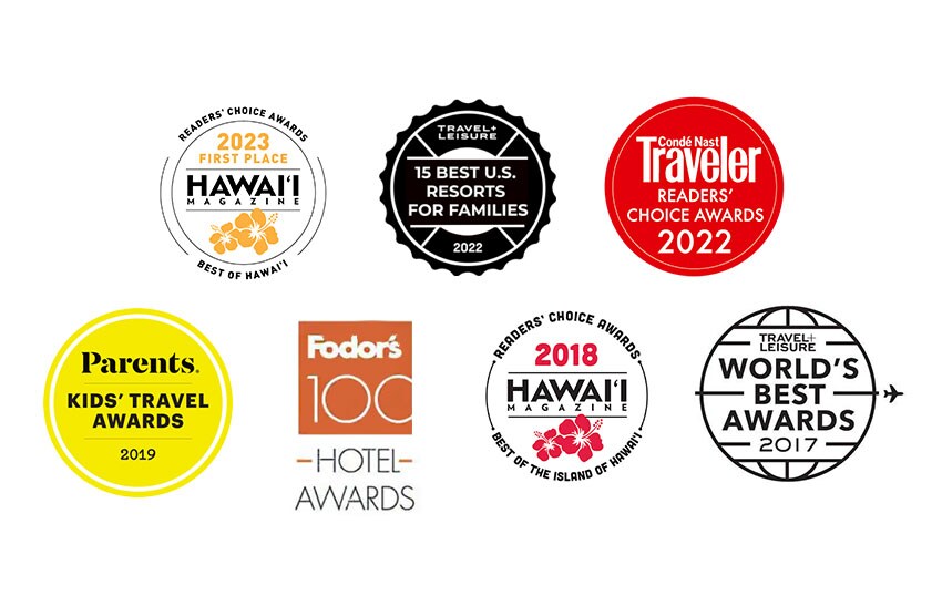 Logos of entities from which Aulani Resort has received awards, including Hawaii Magazine, Fodor’s, Parents and more