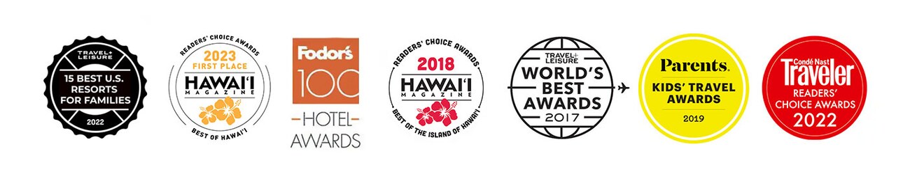 Logos of entities from which Aulani Resort has received awards, including Hawaii Magazine, Fodor’s, Parents and more