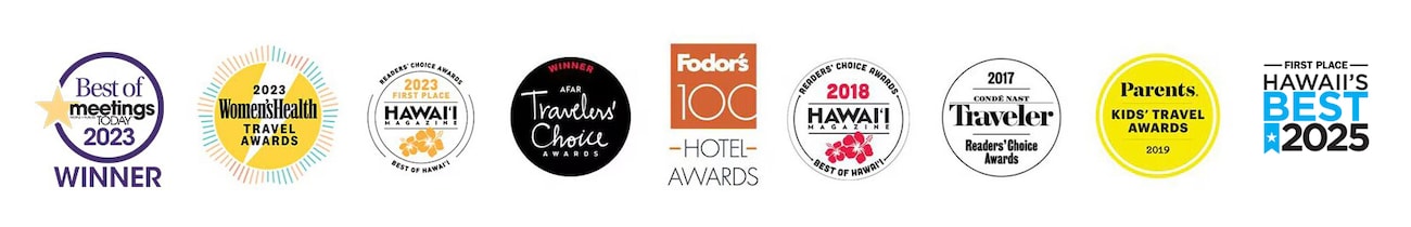 Logos of entities from which Aulani Resort has received awards, including Hawaii Magazine, Fodor’s, Parents and more