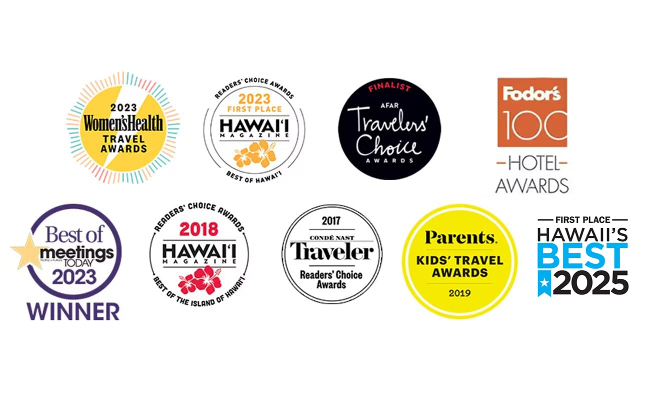 Logos of entities from which Aulani Resort has received awards, including Hawaii Magazine, Fodor’s, Parents and more