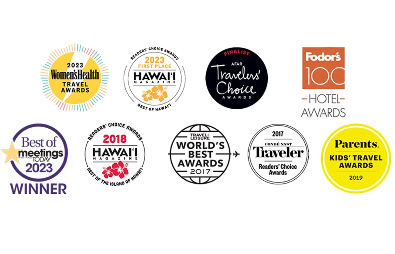 Logos of entities from which Aulani Resort has received awards, including Hawaii Magazine, Fodor’s, Parents and more