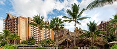 The two towers of Aulani Resort with Ko Olina Beach in the foreground