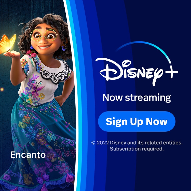 A banner with an image of Mirabel Madrigal that says, Encanto, Disney Plus, Now Streaming, Sign Up Now, Subscription Required.