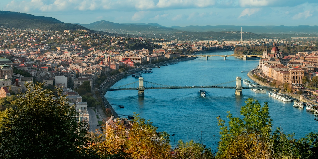 The Danube River with 2 bridges and city buildings on both shores