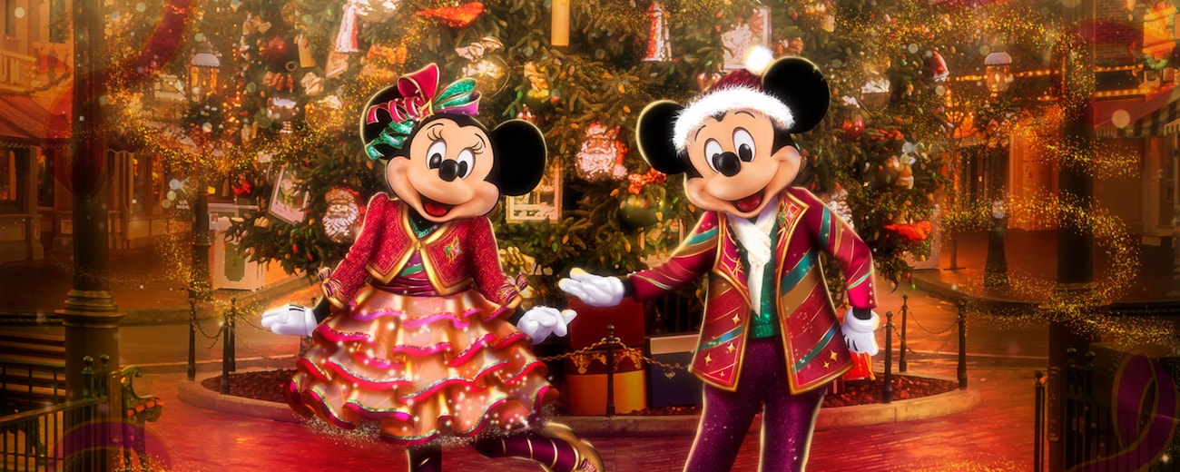An artist rendering of Minnie Mouse and Mickey Mouse standing in front of a Christmas tree while wearing Christmas outfits