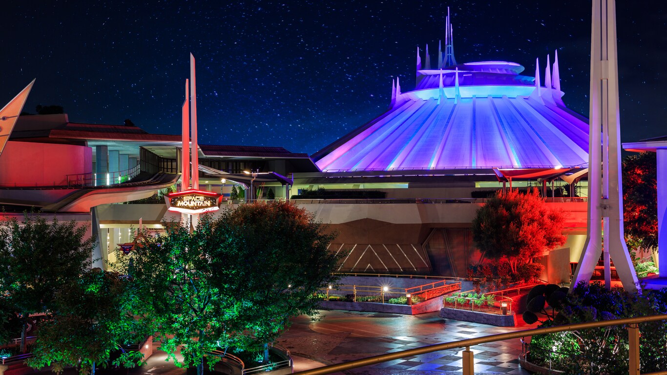 The futuristic exterior of Space Mountain