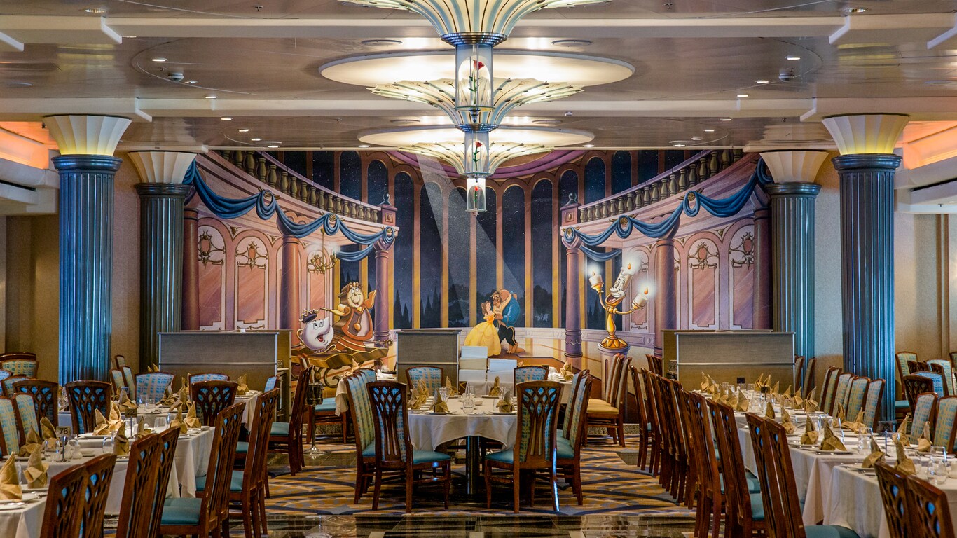 A grand dining room with rose flowers in glass domes, Art Deco columns and a mural with Disney characters
