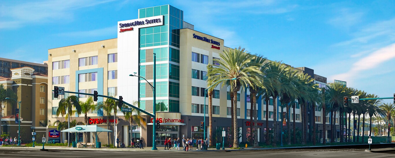 The exterior of the hotel is bordered by palm trees