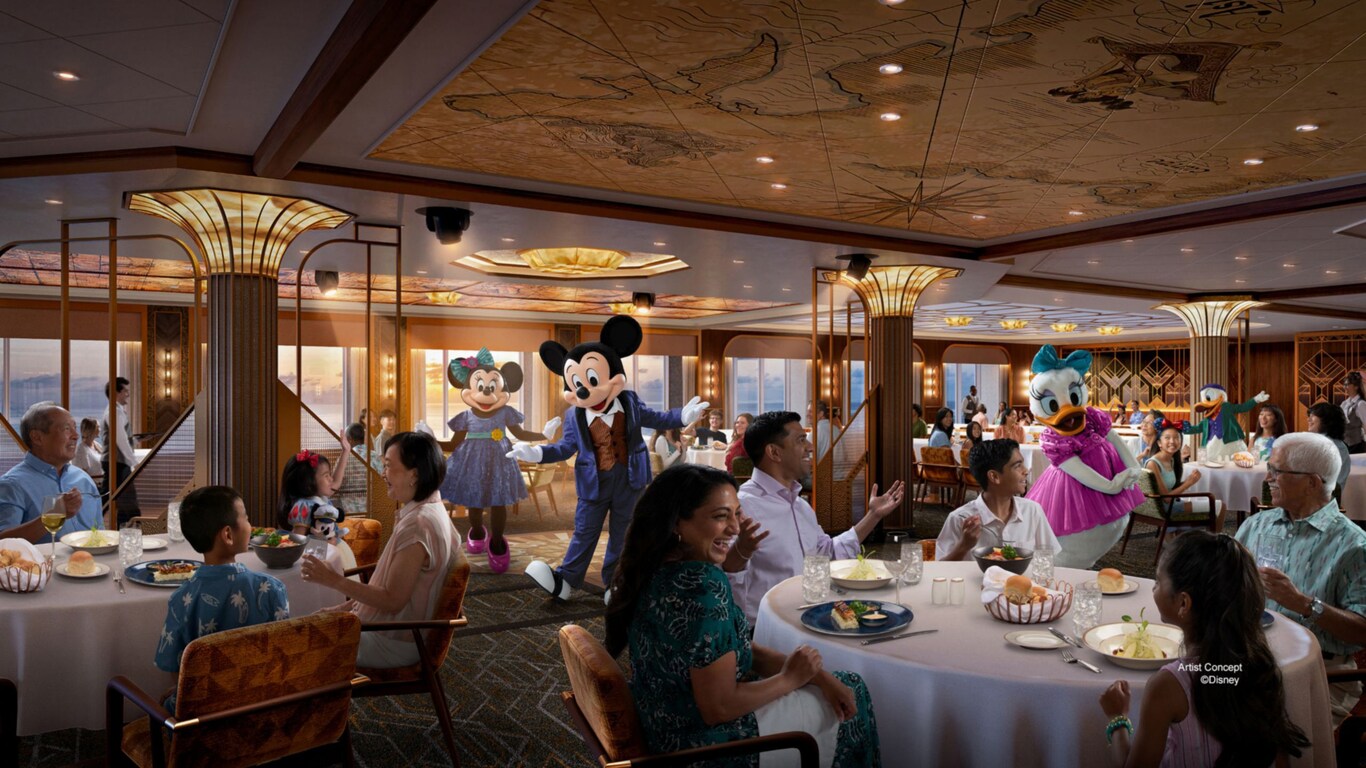 An artist rendering of several Disney Characters greeting Guests in the Navigator’s Club restaurant on the Disney Adventure