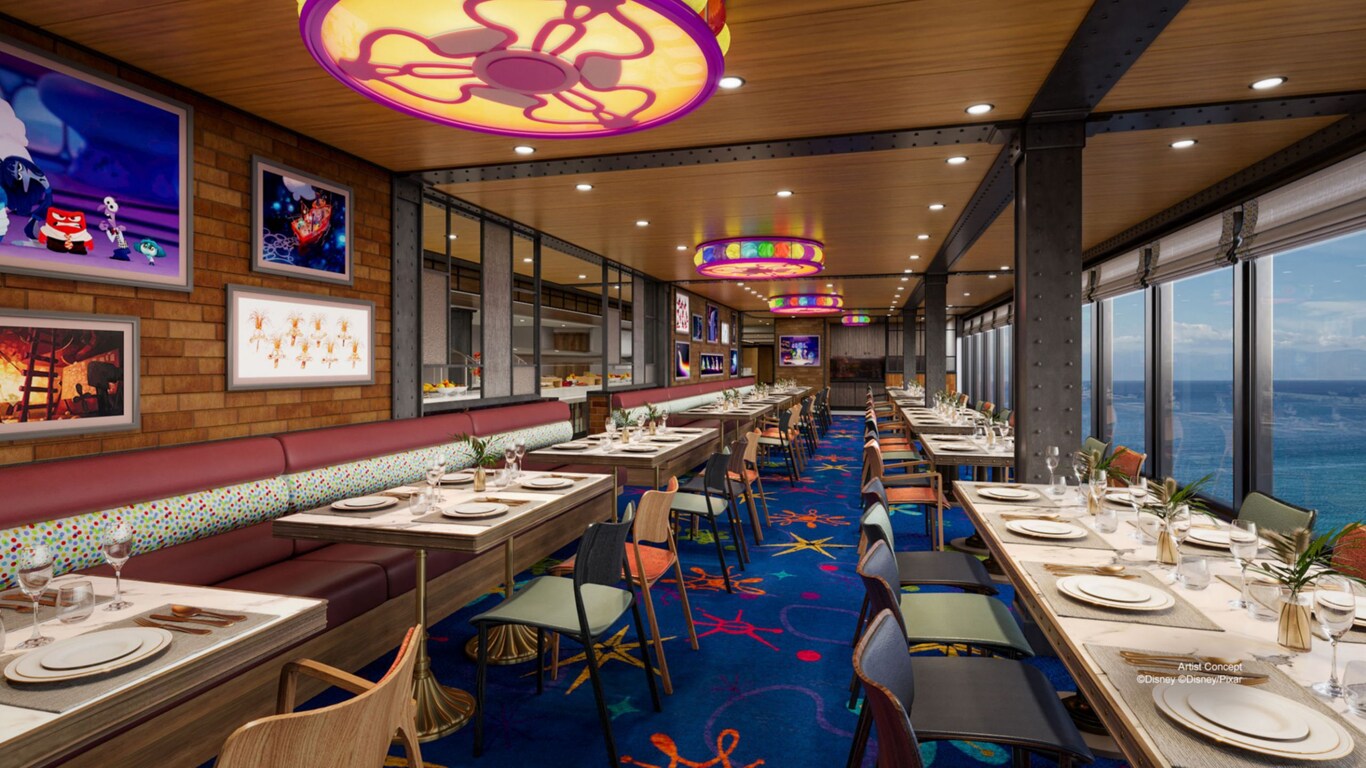 An artist rendering of the dining room at the Pixar Market Restaurant on the Disney Adventure, featuring Pixar themed artwork