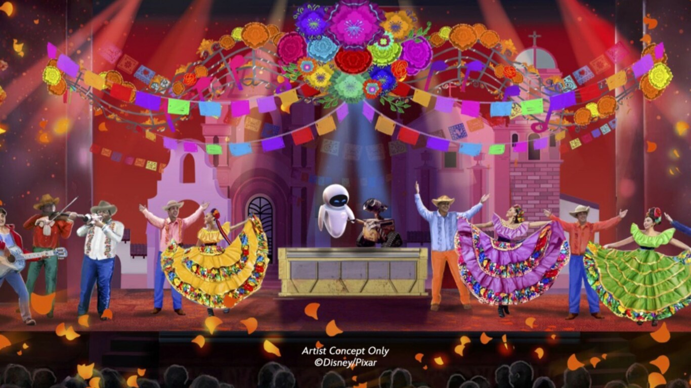 Artist rendering of a Coco themed stage performance with dancers in traditional costumes 