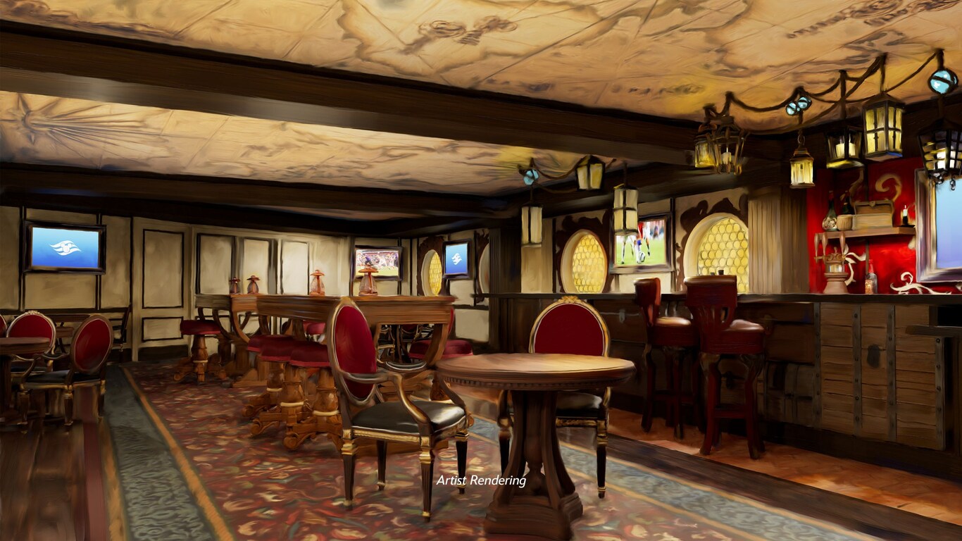An artist rendering of the Cask & Cannon pub on the Disney Destiny