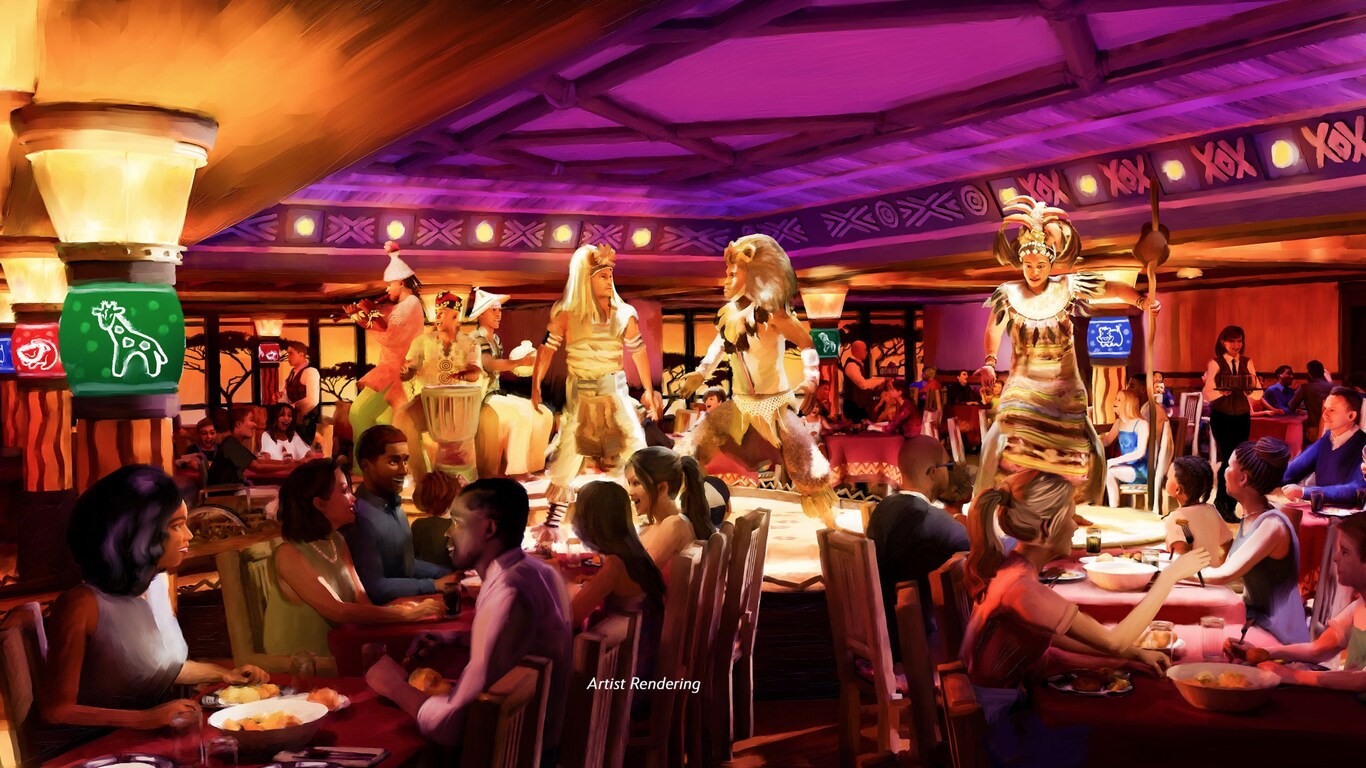 Artist rendering of musicians in traditional African clothing performing before Guests at Pride Lands Feast of the Lion King aboard the Disney Destiny