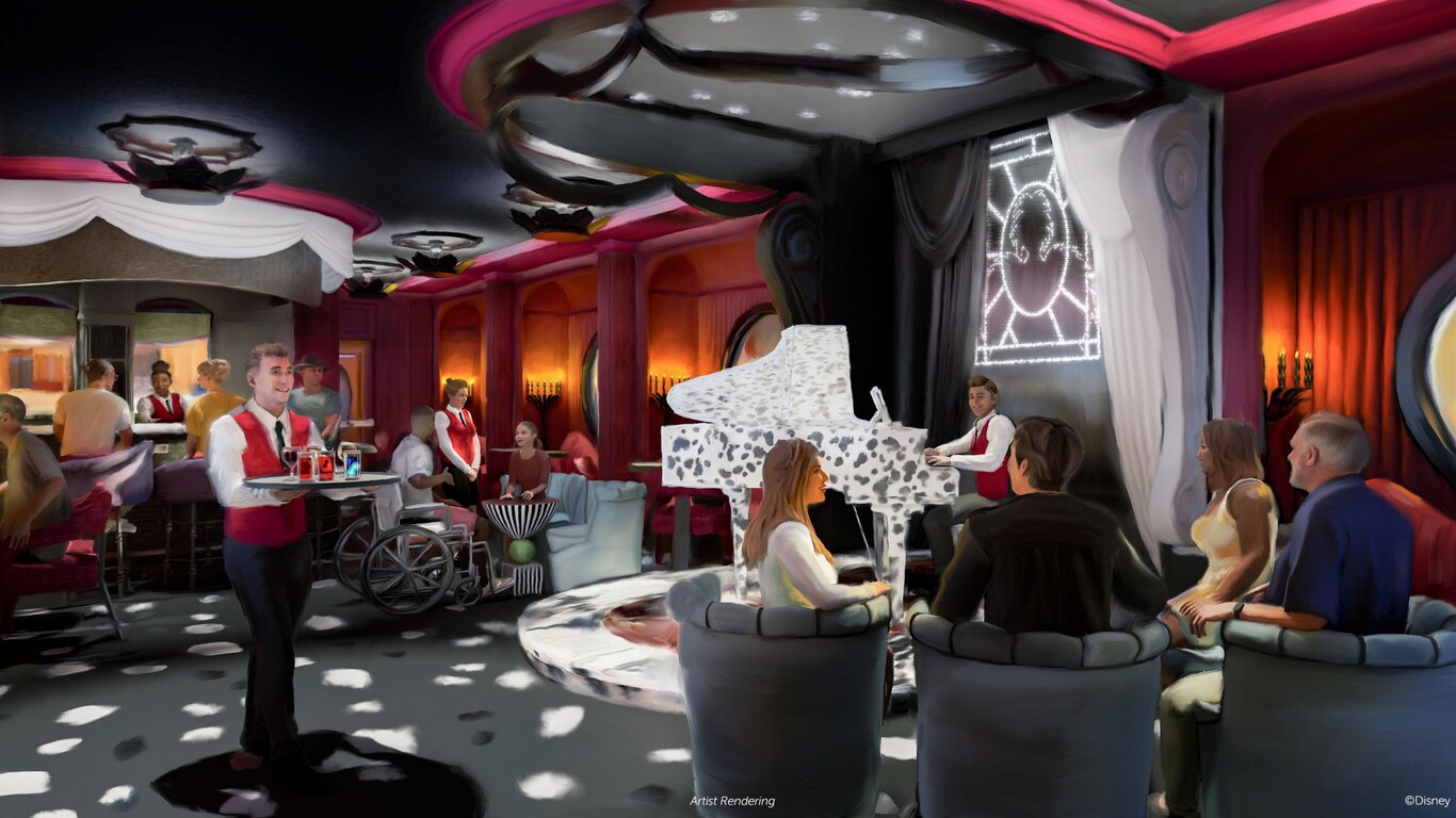 Artist rendering of Guests enjoying cocktails in a piano bar themed after Cruella De Vil from the Disney classic 101 Dalmatians