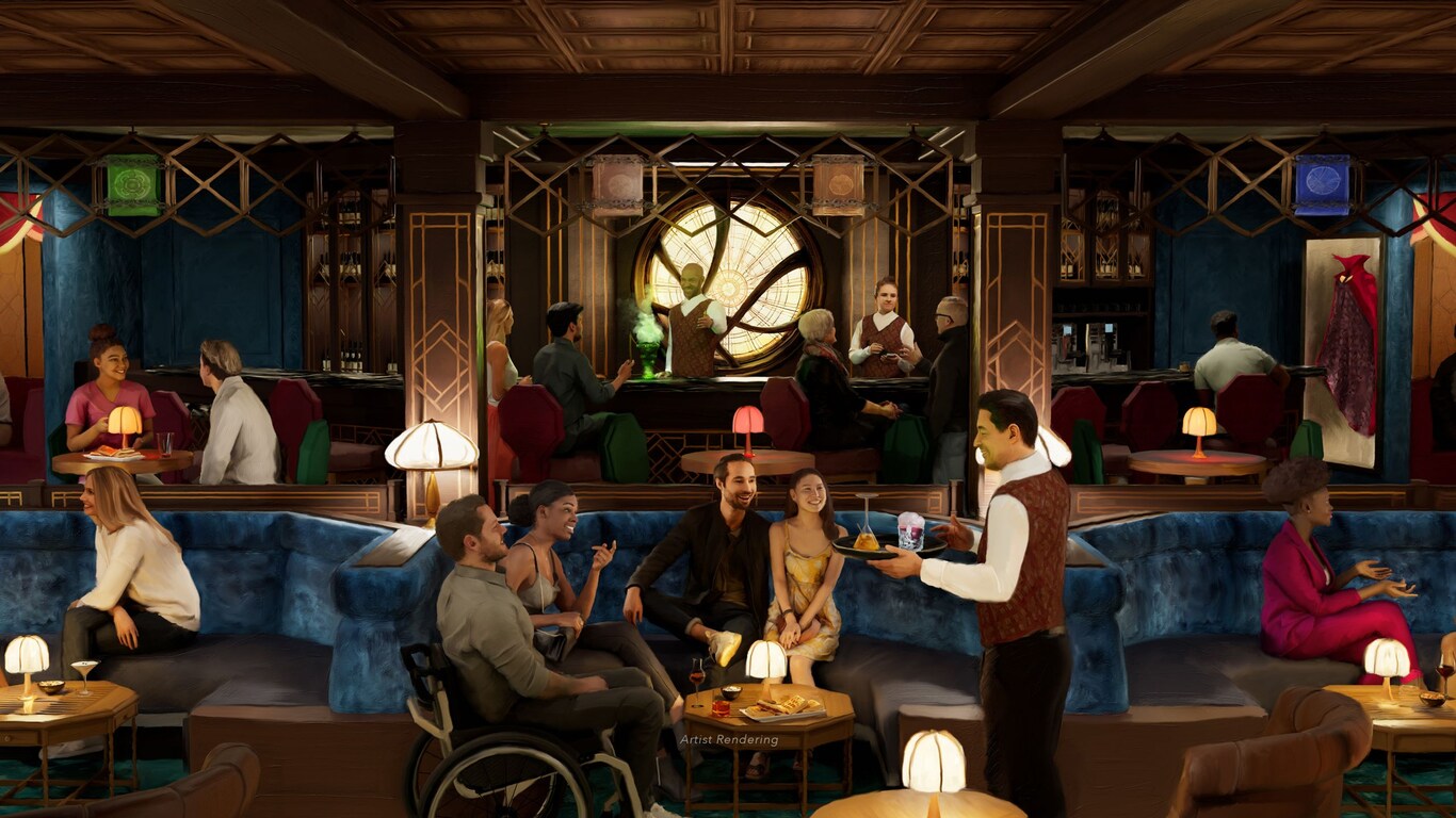 An artist rendering of The Sanctum lounge on the Disney Destiny