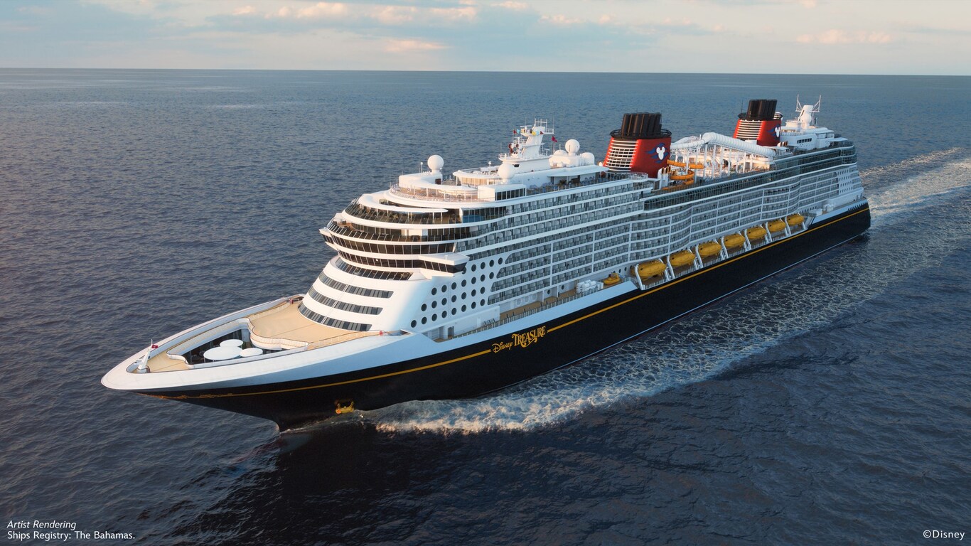 The Disney Treasure cruise ship sailing on the ocean
