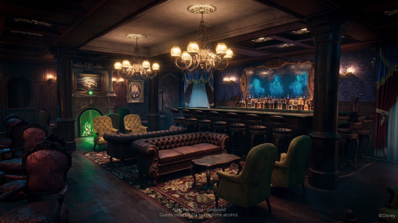 Rendering of Haunted Mansion Parlor with a bar, Haunted Mansion iconic wallpaper and a mirror featuring Ezra, Gus and Phineas