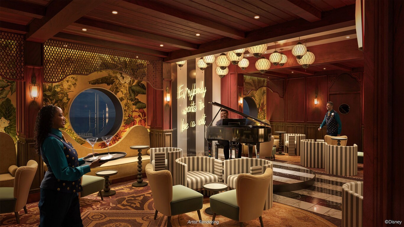 An artist rendering of Disney Treasure's Scat Cat Lounge, a piano lounge themed after The Aristocats