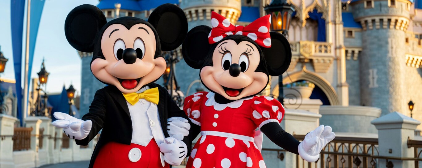 Mickey Mouse and Minnie Mouse posing in front of Cinderella Castle in Magic Kingdom park