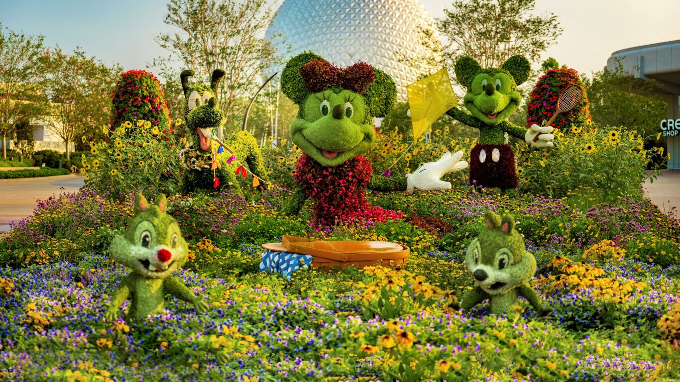 Topiaries of Minnie Mouse, Pluto, Mickey Mouse, Chip and Dale at the Epcot International Flower & Garden Festival