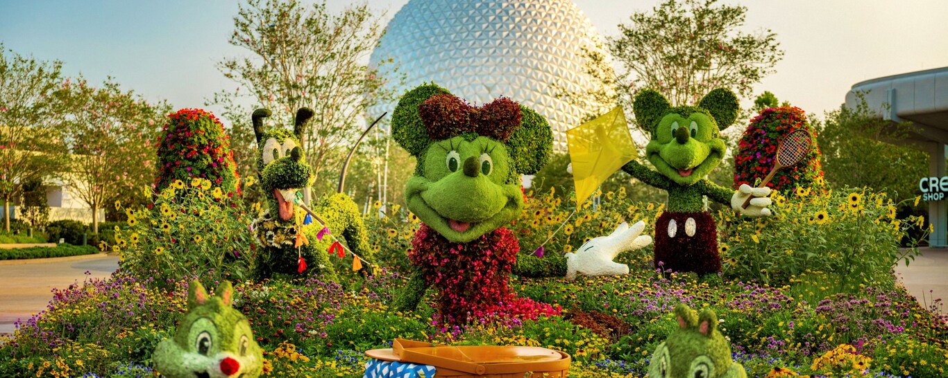 Topiaries of Minnie Mouse, Pluto, Mickey Mouse, Chip and Dale at the Epcot International Flower & Garden Festival