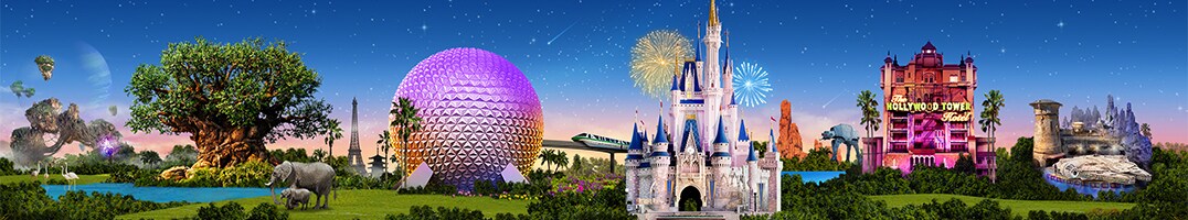 Landmarks from each of Walt Disney World Resort’s 4 parks light up against the night sky