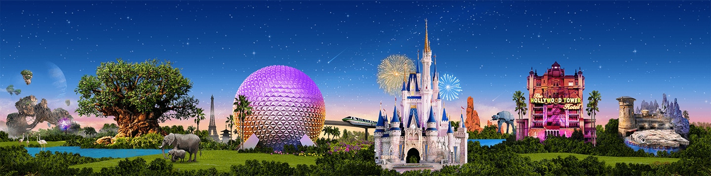 Landmarks from each of Walt Disney World Resort’s 4 parks light up against the night sky