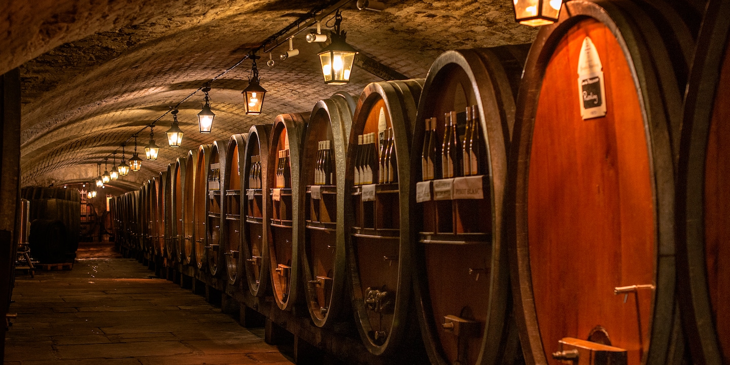 A row of wine barrels