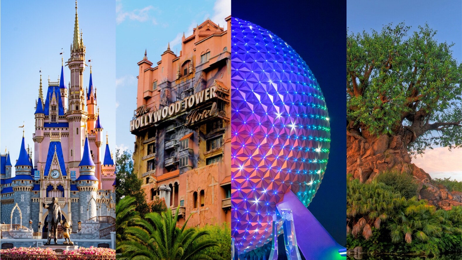 A composite of images from the 4 Disney theme parks including Cinderella Castle, Twilight Zone Tower of Terror, Spaceship Earth and the Tree of Life