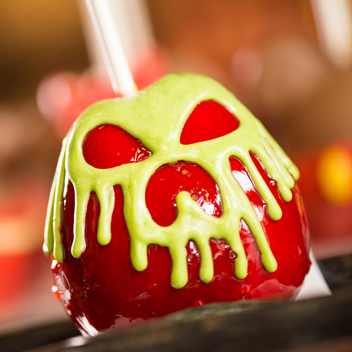 A ghoulish looking candy apple on a display counter at the Candy Cauldron shop