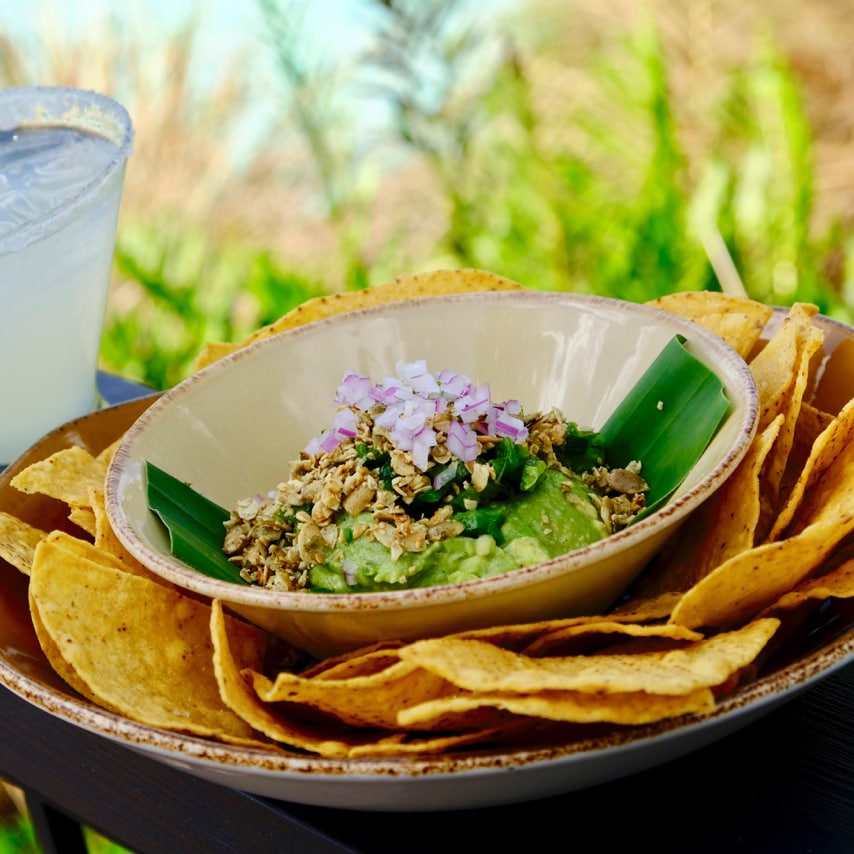 Try the guacamole, made with a savory mix of roasted poblanos, roasted tomatillo and crunchy toasted pepitas. slide 75 of 16 Corn chips served with guacamole topped with toasted pumpkin seeds and diced onion