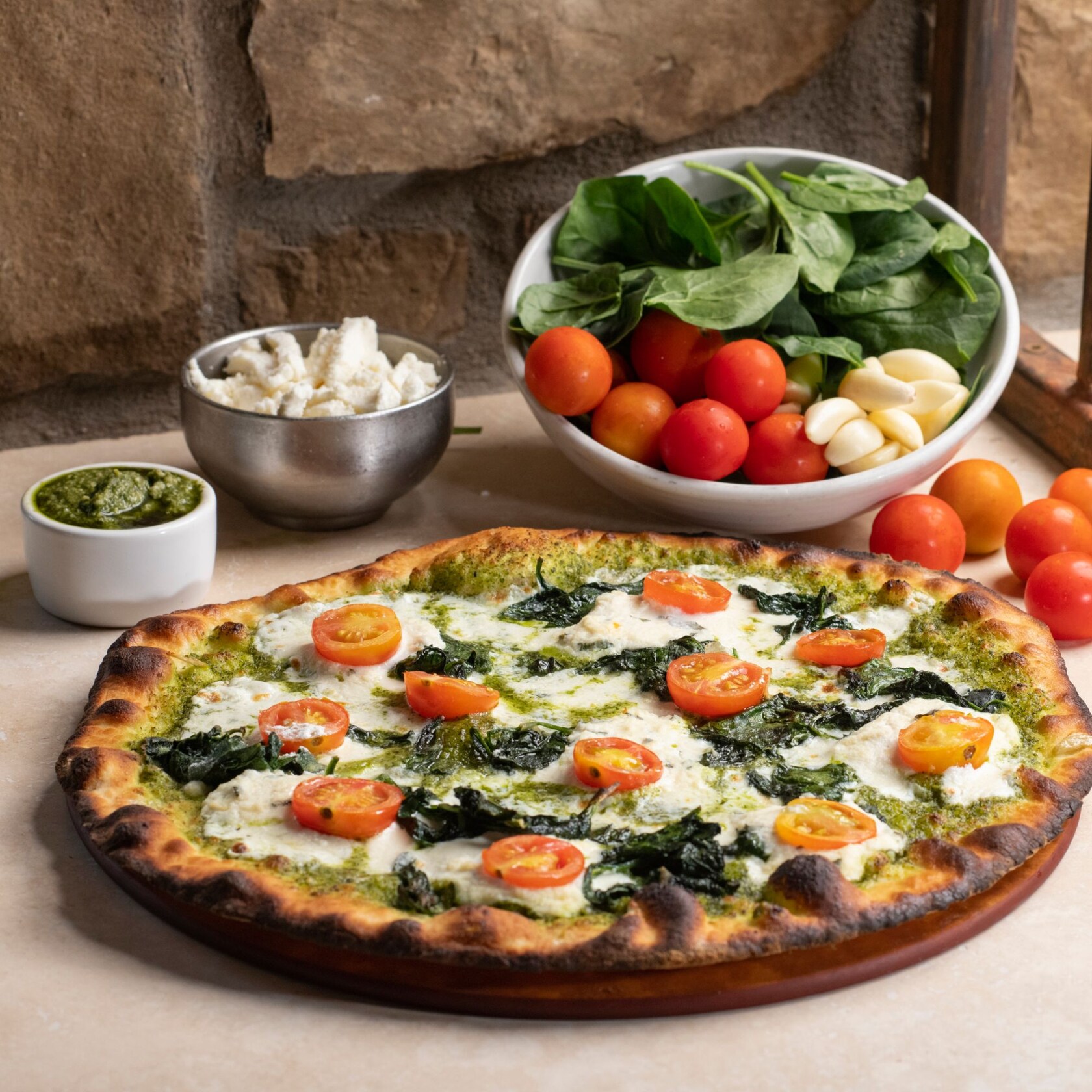 A wood-fired pizza with cherry tomatoes, mozzarella and greens